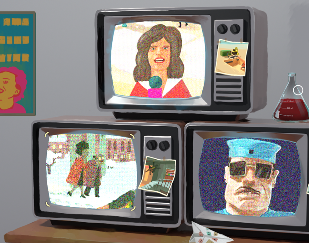 Retro television collage highlighting characters from The Golden Idol